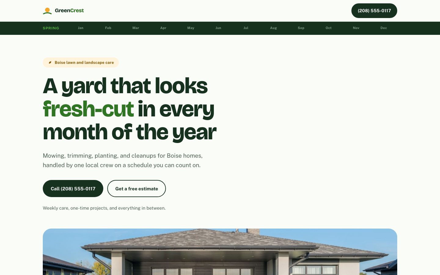 GreenCrest Landscaping demo: warm layout built as a calendar year, with a month rail across the top and work listed season by season