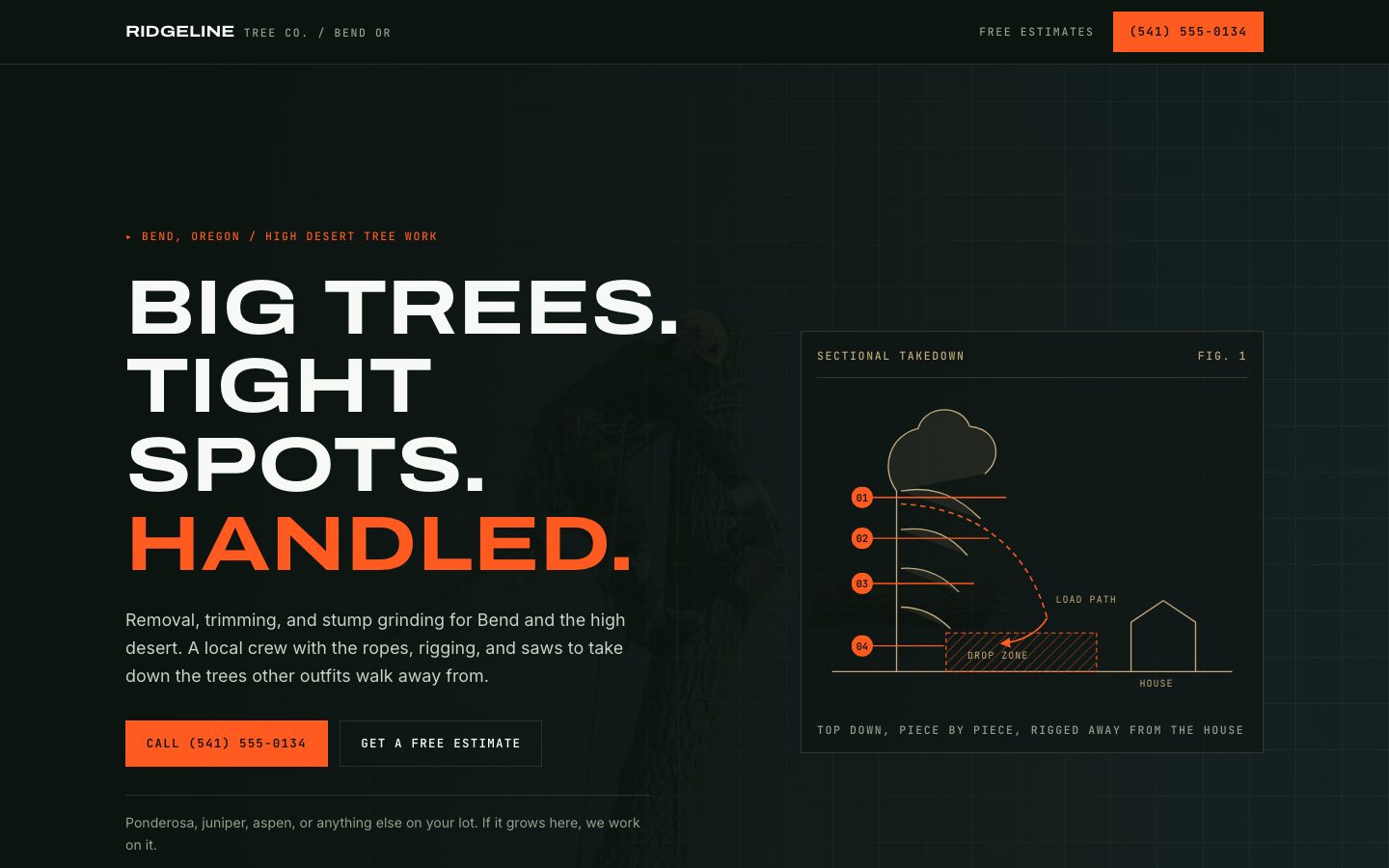 Ridgeline Tree Co. demo: near-black page with wide uppercase type and an orange engineering diagram of a tree takedown