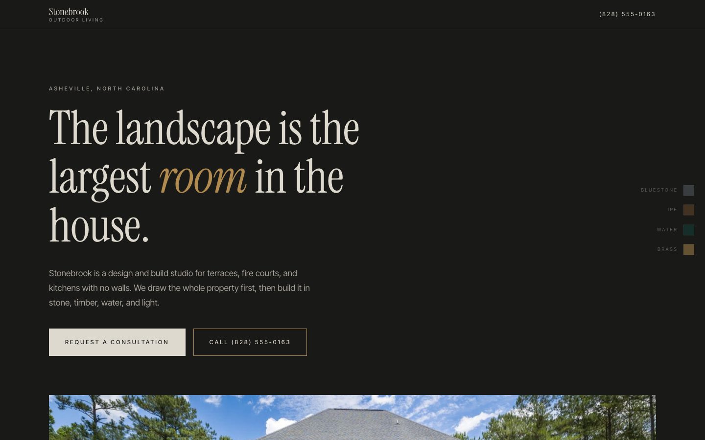 Stonebrook Outdoor demo: dark near-monochrome page with a large serif headline over a full-width photographic plate of a stone terrace